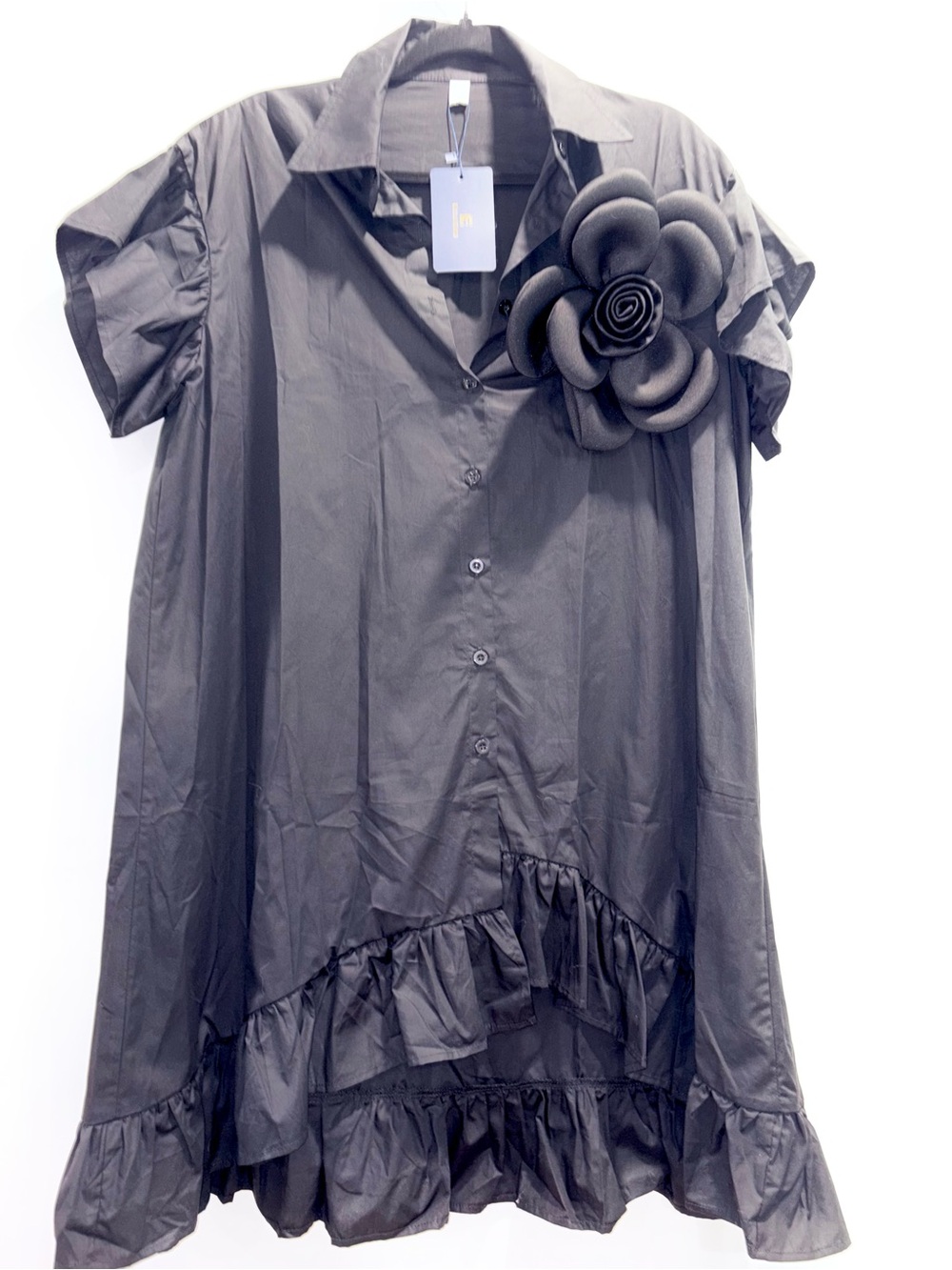 Women's Black Ruffle Shirt Dress with Floral Accent
